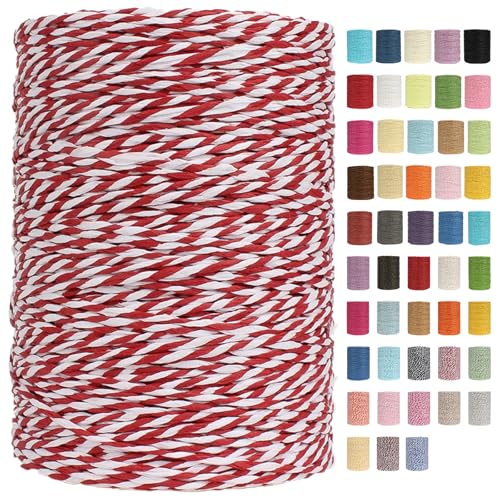 Raffia Garn Zum Häkeln Papiergarn Bast 2mm X 300m Geflochten Raffia Papierdraht, Weiches Geflochtenes Bastband Natur, Strickgarn Bast Zum Häkeltaschen, Körbe, Hüte Handarbeiten (Rot/Weiß,2mm) von BlissFabrics