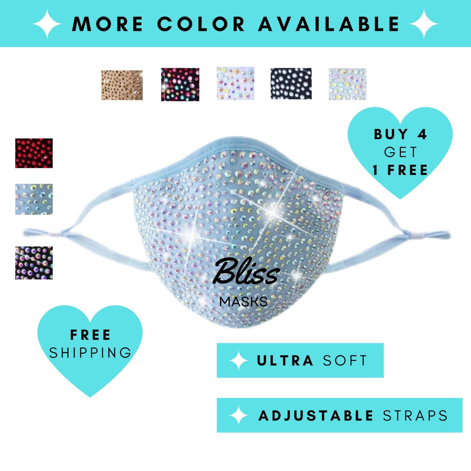 Baby Blue Strass Gesichtsmaske Bling Mit Verstellbaren Ohrriemen, Swarovski Bedazzled Crystal Mask, Ultra Soft Handmade Mask von BlissMasks