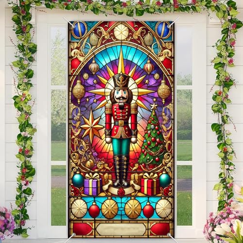 BlissYard Buntglas-Türabdeckung, Nussknacker-Türabdeckung, 180 x 89 cm, Weihnachtsbanner für Haustür, Innen- und Außenbereich, großer Urlaubs-Hintergrund mit Sternenbaum, Geschenke, Ornamente von BlissYard