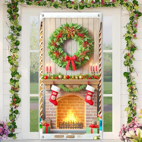 BlissYard Frohe Weihnachten Türabdeckung 89,9 x 180,9 cm Urlaub Veranda Tür Banner Dekoration Winter Weihnachtsmann Strumpf Kamin Girlande Rote Kerze Grüner Kranz für Schild Hintergrund Indoor Outdoor von BlissYard