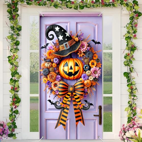 BlissYard Halloween-Türabdeckung, Banner, 88,9 x 180,9 cm, großer Kürbis-Hexenhut, Kranz mit Fledermäusen, Blumen und gestreifter Schleife für Veranda, Wand, Innen- und Außenbereich, Halloween-Party BlissYard Halloween-Türabdeckung, Banner, 88,9 x 180,9 cm, großer Kürbis-Hexenhut, Kranz mit Fledermäusen, Blumen und gestreifter Schleife für Veranda, Wand, Innen- und Außenbereich, Halloween-Party von BlissYard