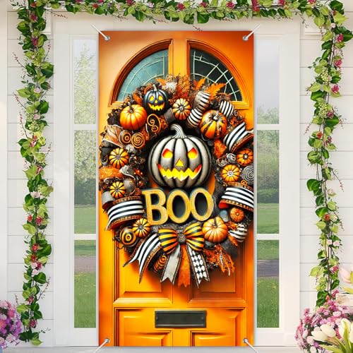 BlissYard Halloween-Türabdeckung, Kürbis-Tür-Banner, Kranz, gruselige Türdekoration, festliche Herbst-Haustür, zum Aufhängen, für drinnen und draußen, Willkommensdekoration, Bänder für Süßes oder BlissYard Halloween-Türabdeckung, Kürbis-Tür-Banner, Kranz, gruselige Türdekoration, festliche Herbst-Haustür, zum Aufhängen, für drinnen und draußen, Willkommensdekoration, Bänder für Süßes oder von BlissYard