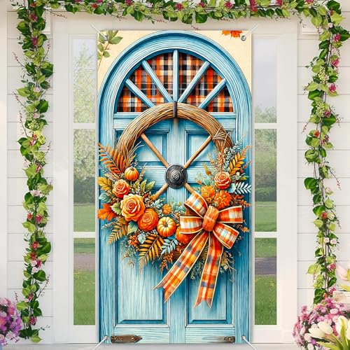 BlissYard Herbst-Kürbis-Kranz-Türbanner 89,9 x 180,9 cm, Herbstbüffelkarierte Schleife mit orangefarbenen Rosen, Ahornblättern und rustikalem blauen Türdesign für Thanksgiving, Veranda oder Innenwand BlissYard Herbst-Kürbis-Kranz-Türbanner 89,9 x 180,9 cm, Herbstbüffelkarierte Schleife mit orangefarbenen Rosen, Ahornblättern und rustikalem blauen Türdesign für Thanksgiving, Veranda oder Innenwand von BlissYard