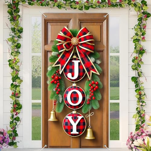 BlissYard Joy Türabdeckung 180 x 89 cm, Weihnachtsbanner für Haustür, Außen- und Innendekoration, großer Urlaubshintergrund mit Büffelkarierten Buchstaben, Kieferngrün, Glocken, rote Beeren, Schleife BlissYard Joy Türabdeckung 180 x 89 cm, Weihnachtsbanner für Haustür, Außen- und Innendekoration, großer Urlaubshintergrund mit Büffelkarierten Buchstaben, Kieferngrün, Glocken, rote Beeren, Schleife von BlissYard