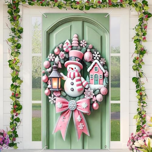 BlissYard Rosa Weihnachtskranz, Türabdeckung, 180 x 89 cm, Urlaubsbanner für Haustür, Außen- und Innendekoration, großer Winterhintergrund mit Schneemann-Hauslaterne, Schleife, Ornamente, niedliche BlissYard Rosa Weihnachtskranz, Türabdeckung, 180 x 89 cm, Urlaubsbanner für Haustür, Außen- und Innendekoration, großer Winterhintergrund mit Schneemann-Hauslaterne, Schleife, Ornamente, niedliche von BlissYard