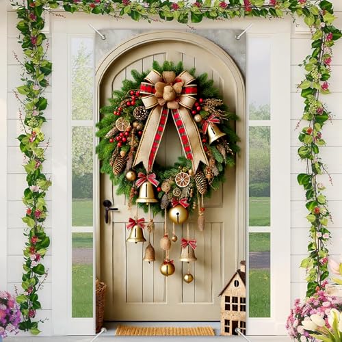BlissYard Rustikale Glockentürabdeckung, 180 x 89 cm, Weihnachtsbanner für Haustür, Innen- und Außenbereich, großer Weihnachtskranz, Hintergrund mit Schleife, goldene Glocken, Tannenzapfen, Beeren von BlissYard