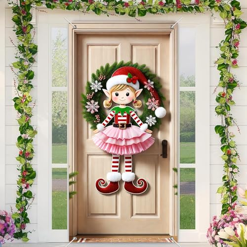 BlissYard Türabdeckung mit Weihnachtselfen-Mädchen, 89 x 180 cm, übergroßes Willkommensschild mit Kranz, Schneeflocken und gestreiftem Outfit für drinnen und draußen, Veranda, Wandbehang BlissYard Türabdeckung mit Weihnachtselfen-Mädchen, 89 x 180 cm, übergroßes Willkommensschild mit Kranz, Schneeflocken und gestreiftem Outfit für drinnen und draußen, Veranda, Wandbehang von BlissYard