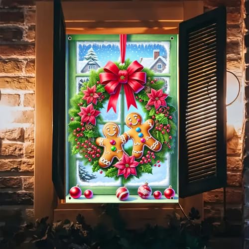 BlissYard Weihnachts-Fensterabdeckung, 78 x 129 cm, Lebkuchenmann-Banner, grünes Fenster, verschneite Nacht, Innen, warmes Licht, Kranz, rot, grün, Dekoration, Party-Hintergrund, saisonale Anzeige BlissYard Weihnachts-Fensterabdeckung, 78 x 129 cm, Lebkuchenmann-Banner, grünes Fenster, verschneite Nacht, Innen, warmes Licht, Kranz, rot, grün, Dekoration, Party-Hintergrund, saisonale Anzeige von BlissYard