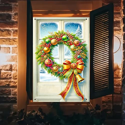 BlissYard Weihnachts-Fensterabdeckung, 78 x 129 cm, Weihnachtskranz, Fensterbanner, Tannennadel, rote Beeren, goldene Glocken, rot, grün, gold, Ornamente, verschneiter Wald, Winterparty, Hintergrund BlissYard Weihnachts-Fensterabdeckung, 78 x 129 cm, Weihnachtskranz, Fensterbanner, Tannennadel, rote Beeren, goldene Glocken, rot, grün, gold, Ornamente, verschneiter Wald, Winterparty, Hintergrund von BlissYard