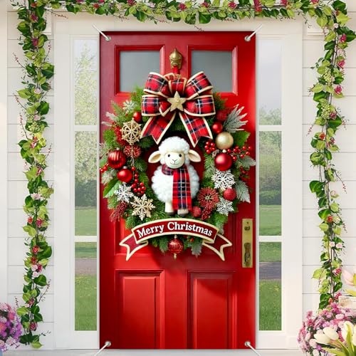 BlissYard Weihnachts-Schaf-Türabdeckung, 180 x 89 cm, Weihnachtsbanner für Haustür, Außen- und Innendekoration, großer roter Türhintergrund mit karierter Schleife, Kranz, niedliches Lamm, Schneeflocke BlissYard Weihnachts-Schaf-Türabdeckung, 180 x 89 cm, Weihnachtsbanner für Haustür, Außen- und Innendekoration, großer roter Türhintergrund mit karierter Schleife, Kranz, niedliches Lamm, Schneeflocke von BlissYard