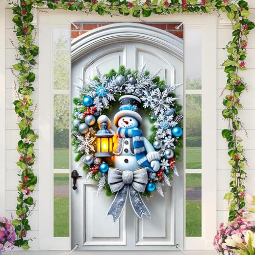 BlissYard Weihnachts-Schneemann-Türabdeckung, 180 x 89 cm, Dekoration für die Veranda, blau, silberfarben, Kranz, Laterne, Hintergrund, hängende Banner für drinnen und draußen, Winter BlissYard Weihnachts-Schneemann-Türabdeckung, 180 x 89 cm, Dekoration für die Veranda, blau, silberfarben, Kranz, Laterne, Hintergrund, hängende Banner für drinnen und draußen, Winter von BlissYard