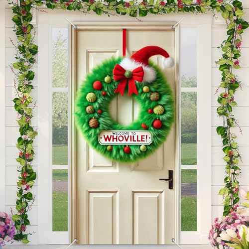 BlissYard Weihnachts-Türabdeckung aus Whoville, 180 x 89 cm, Dekoration für Veranda, grüner pelziger Kranz, Weihnachtsmannmütze, Ornament, Hintergrund, hängende Banner für drinnen und draußen BlissYard Weihnachts-Türabdeckung aus Whoville, 180 x 89 cm, Dekoration für Veranda, grüner pelziger Kranz, Weihnachtsmannmütze, Ornament, Hintergrund, hängende Banner für drinnen und draußen von BlissYard