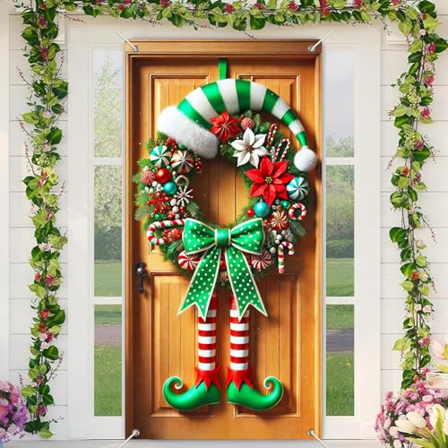 BlissYard Weihnachtselfen-Türabdeckung, Banner, 88,9 x 180,9 cm, Grün und Rot, Urlaubskranz, Wandbehang mit gestreiften Beinen, Zuckerstangen-Akzente für Veranda, Innen- und Außenbereich BlissYard Weihnachtselfen-Türabdeckung, Banner, 88,9 x 180,9 cm, Grün und Rot, Urlaubskranz, Wandbehang mit gestreiften Beinen, Zuckerstangen-Akzente für Veranda, Innen- und Außenbereich von BlissYard
