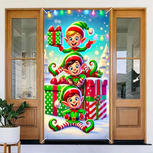 BlissYard Weihnachtselfen-Türbanner 180 x 89 cm, große Türabdeckung, Urlaubsdekoration mit niedlichen Elfen, Geschenken und Lichtern, Winter-Veranda, hängender Hintergrund mit Schnüren für Weihnachten BlissYard Weihnachtselfen-Türbanner 180 x 89 cm, große Türabdeckung, Urlaubsdekoration mit niedlichen Elfen, Geschenken und Lichtern, Winter-Veranda, hängender Hintergrund mit Schnüren für Weihnachten von BlissYard