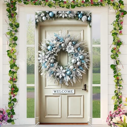 BlissYard Weihnachtskranz-Türabdeckung, 180 x 89 cm, Dekoration für Veranda, Blau, Silber, Ornamente, schneebedeckter Kiefernhintergrund, hängende Banner für drinnen und draußen BlissYard Weihnachtskranz-Türabdeckung, 180 x 89 cm, Dekoration für Veranda, Blau, Silber, Ornamente, schneebedeckter Kiefernhintergrund, hängende Banner für drinnen und draußen von BlissYard