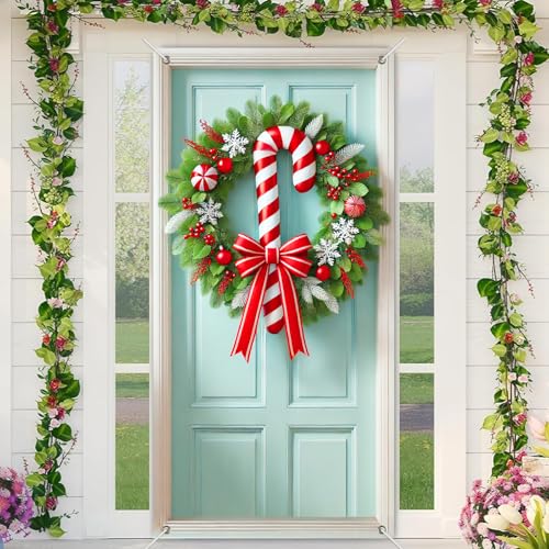 BlissYard Weihnachtskranz-Türabdeckung, 180 x 89 cm, Dekoration für Veranda, Zuckerstange, Kranz mit roter Schleife und Schneeflocken-Hintergrund, hängende Banner für drinnen und draußen BlissYard Weihnachtskranz-Türabdeckung, 180 x 89 cm, Dekoration für Veranda, Zuckerstange, Kranz mit roter Schleife und Schneeflocken-Hintergrund, hängende Banner für drinnen und draußen von BlissYard