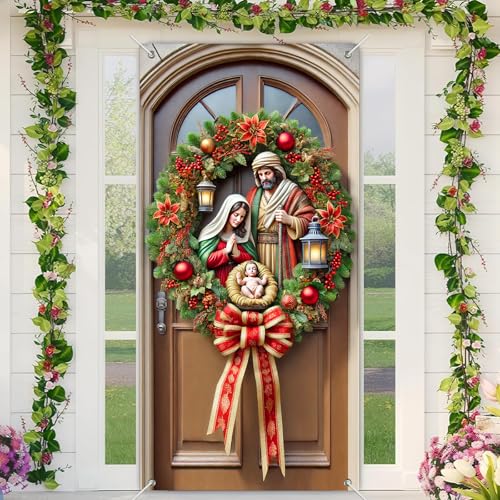 BlissYard Weihnachtskrippentürabdeckung, 180 x 89 cm, Dekoration für die Veranda, Dekoration der Heiligen Familie, Krippe, rote Schleife, Kranz, Laternen, hängende Banner für drinnen und draußen BlissYard Weihnachtskrippentürabdeckung, 180 x 89 cm, Dekoration für die Veranda, Dekoration der Heiligen Familie, Krippe, rote Schleife, Kranz, Laternen, hängende Banner für drinnen und draußen von BlissYard