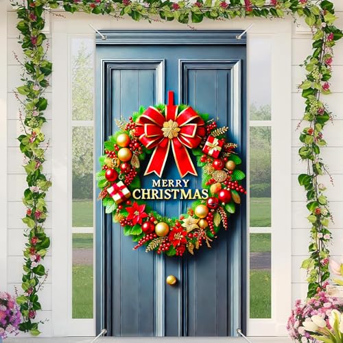 BlissYard Weihnachtstürabdeckung, Winter-Schleifen-Türabdeckung, klassischer Kranz, rot, Feiertags-Haustürdekoration, 180 x 89 cm, festliches Willkommensbanner für Zuhause, Garten, Innen- und BlissYard Weihnachtstürabdeckung, Winter-Schleifen-Türabdeckung, klassischer Kranz, rot, Feiertags-Haustürdekoration, 180 x 89 cm, festliches Willkommensbanner für Zuhause, Garten, Innen- und von BlissYard