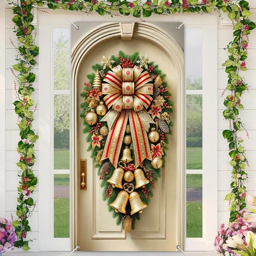 BlissYard Weihnachtstürabdeckung, Winter-Türabdeckung, goldfarbene Glocken, Rot/Weißgold, Schleife, Kranz, Türen, Banner, 180 x 89 cm, elegante Urlaubsdekoration, Frohe Weihnachten, Dekoration BlissYard Weihnachtstürabdeckung, Winter-Türabdeckung, goldfarbene Glocken, Rot/Weißgold, Schleife, Kranz, Türen, Banner, 180 x 89 cm, elegante Urlaubsdekoration, Frohe Weihnachten, Dekoration von BlissYard