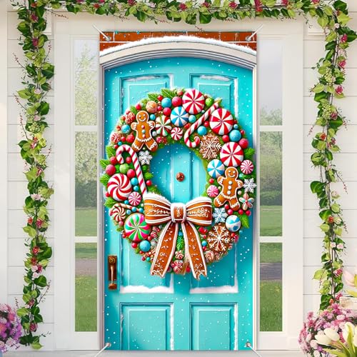 BlissYard Weihnachtstürabdeckung 89,9 x 180,9 cm, Süßigkeiten-Lebkuchenkranz, Banner, Feiertags-Haustür-Dekoration mit Schneeflocken-Schleife, Weihnachtseingang, Wandbehang für Winterparty BlissYard Weihnachtstürabdeckung 89,9 x 180,9 cm, Süßigkeiten-Lebkuchenkranz, Banner, Feiertags-Haustür-Dekoration mit Schneeflocken-Schleife, Weihnachtseingang, Wandbehang für Winterparty von BlissYard