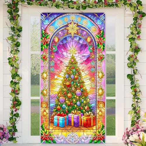 BlissYard Winter-Türbanner Set, 89,9 x 180,9 cm, Buntglas-Stil, Weihnachtsbaum mit Ornamenten und Geschenken, Heimdekoration, Veranda, Haustür, Wandbehang, Party, Urlaub, Outdoor-Dekoration BlissYard Winter-Türbanner Set, 89,9 x 180,9 cm, Buntglas-Stil, Weihnachtsbaum mit Ornamenten und Geschenken, Heimdekoration, Veranda, Haustür, Wandbehang, Party, Urlaub, Outdoor-Dekoration von BlissYard
