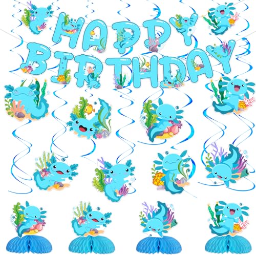 Axolotl Geburtstagsparty-Dekorationen, Cartoon, Axolotl, Happy Birthday-Banner, 8 Stück, niedliche Axolotl-Geburtstagswirbel, blaue Axolotl-Tisch-Waben-Mittelstücke für Jungen, Party-Dekorzubehör Axolotl Geburtstagsparty-Dekorationen, Cartoon, Axolotl, Happy Birthday-Banner, 8 Stück, niedliche Axolotl-Geburtstagswirbel, blaue Axolotl-Tisch-Waben-Mittelstücke für Jungen, Party-Dekorzubehör von Blisstock