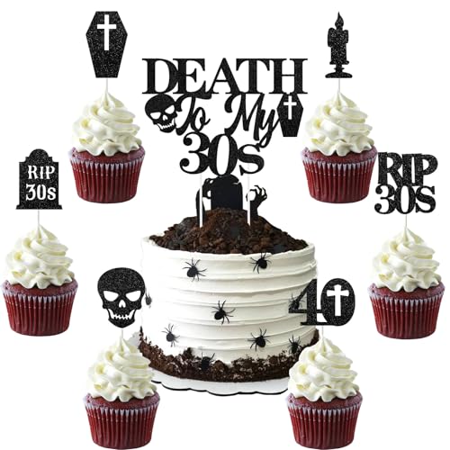 Cupcake-Topper mit Aufschrift "Death to My Thirties", schwarzer Glitzer, 40. Geburtstag, Dekoration für Beerdigung, Partyzubehör zum 40. Geburtstag, 25 Stück Cupcake-Topper mit Aufschrift "Death to My Thirties", schwarzer Glitzer, 40. Geburtstag, Dekoration für Beerdigung, Partyzubehör zum 40. Geburtstag, 25 Stück von Blisstock