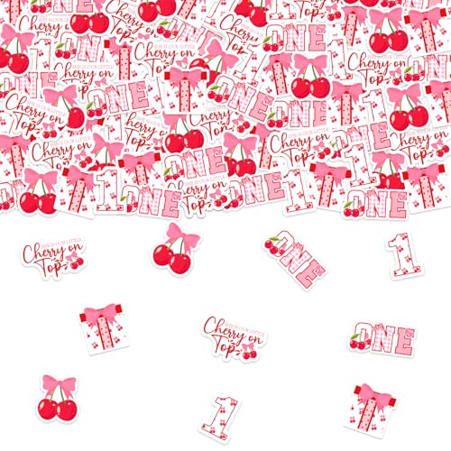 Konfetti zum 1. Geburtstag, mit Aufschrift "She is our Little Cherry on Top", rosa Schleifen und rote Kirsche, Tischdekoration für Mädchen, Kirsch-Thema, 1. Geburtstag, Dekoration, Babyparty, Konfetti zum 1. Geburtstag, mit Aufschrift "She is our Little Cherry on Top", rosa Schleifen und rote Kirsche, Tischdekoration für Mädchen, Kirsch-Thema, 1. Geburtstag, Dekoration, Babyparty, von Blisstock