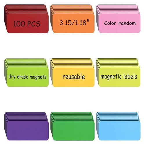 100 Stück Magnetstreifen Beschreibbar, 30 x 80 mm Löschbare Magnetschilder zum Beschriften – Mehrfarbige Magnetetiketten für Kühlschränke, Magnettafeln, Whiteboards – Wiederverwendbar und wasserfest von Blleshelfl