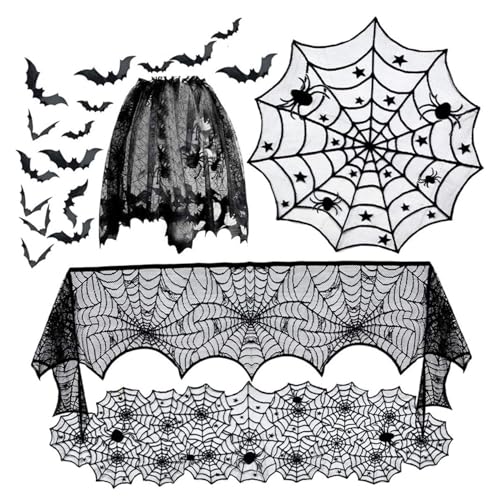 Halloween Mantel Schal, 5 Pack schwarze Spitze Tischdecke Tischläufer Mantel Schalschatz WTIH 16PCS Scary 3D Bat Gothic Spiderweb Dekor für Heimfeier, Halloween -Tischdekorationen von Blogiiup