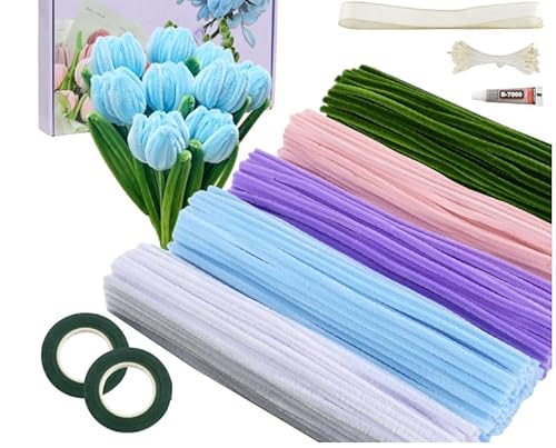 Pfeifenreiniger-Set zum Basteln, 300 Pfeifenreiniger zum Basteln, Pfeife in 5 Farben mit 20 grünen Blumenstäben, Anleitung, Band, Klebebandrollen und Staubgefäßen (lila) von Blomise