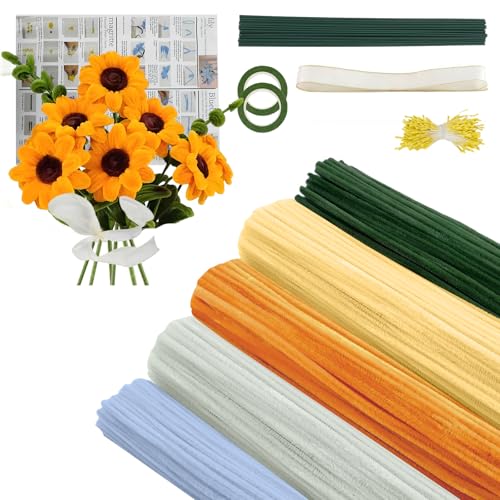 Pfeifenreiniger-Set zum Basteln, 300 Stück Pfeifenreiniger zum Basteln, 5 Farben Pfeifenreiniger mit 20 grünen Blumenstäben, Anleitung, Band, Klebebandrollen und Staubgefäßen (gelb) von Blomise