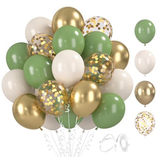BlooMoo 60 Stück Luftballons Grün Gold Weiß, 12 Zoll Latex Luftballons Avocadogrün Gold, Metallic Ballons und Konfetti Ballons Set, für Geburtstag Hochzeit Party Dekoration von BlooMoo