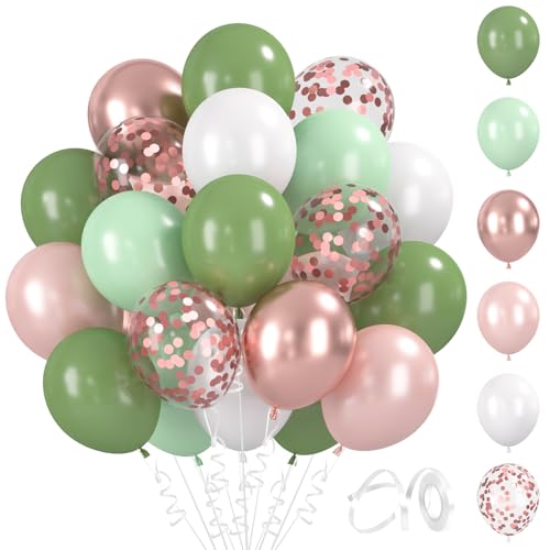 BlooMoo 60 Stück Luftballons Grün Rosegold, 12 Zoll Latex Luftballons Grün Rosa Weiß, Metallic Ballons und Konfetti Ballons Set, für Geburtstag Hochzeit Party Dekoration von BlooMoo