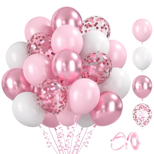 BlooMoo 60 Stück Luftballons Rosa Weiß, 12 Zoll Latex Luftballons Pastell Rosa Weiss, Metallic Ballons und Konfetti Ballons Set, für Geburtstag Hochzeit Babyparty Party Dekoration von BlooMoo