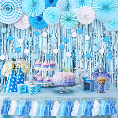 Blosssound 16 Stück blaue Party-Dekorationen enthalten blaue und weiße Folien-Fransenvorhänge, hängende Papierfächer, Pompons, Blumen, Quaste, Girlande, gepunktet, Banner für Jungen, Geburtstag, Blosssound 16 Stück blaue Party-Dekorationen enthalten blaue und weiße Folien-Fransenvorhänge, hängende Papierfächer, Pompons, Blumen, Quaste, Girlande, gepunktet, Banner für Jungen, Geburtstag, von Blosssound
