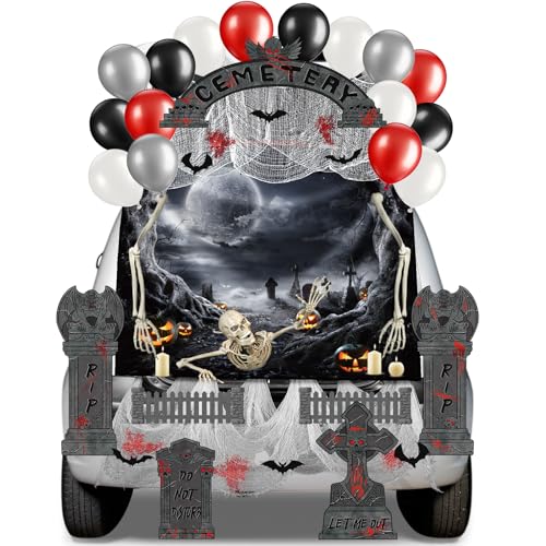 Blosssound Grabstein Kofferraum oder Leckerli, gruseliger Friedhof, Halloween, Auto-Dekorationsset, Skelett-Hintergrund, Luftballons, Grabsteinausschnitte, Fledermaus-Netz für Auto, SUV, Torbogen von Blosssound