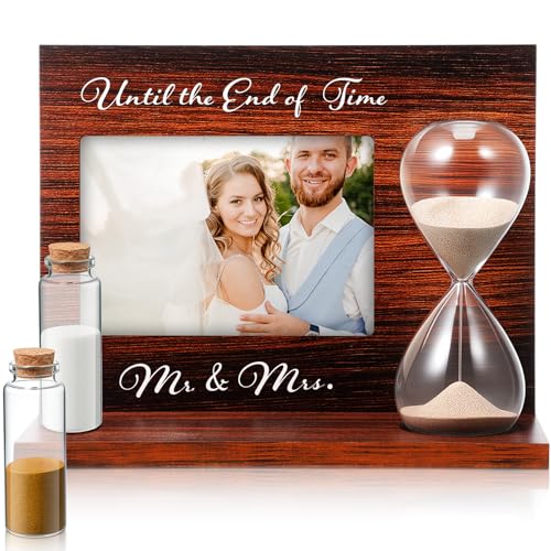 Blosssound Hochzeitssandzeremonie-Set, Holz-Bilderrahmen, Sanduhr-Trichter, 2 Sand, 2 Glasflaschen, Bilderrahmen, Mischset, Einheitsset für Hochzeiten, Zeremonie, Strandbedarf (dunkel) von Blosssound