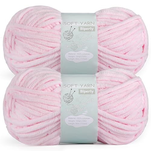 2 Packungen grobes Chenille-Garn zum Häkeln und Stricken – (140 Meter insgesamt), flauschiges Samtgarn zum Häkeln, weiches Babydeckengarn zum Häkeln, flauschiges Amigurumi-Bastelgarn (2, Hellrosa) von Blperly