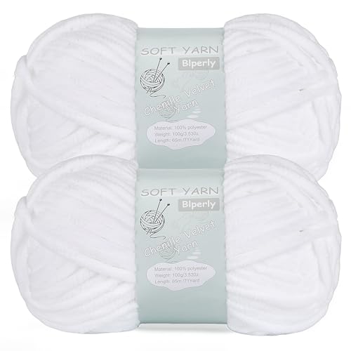 2 Packungen grobes Chenille-Garn zum Häkeln und Stricken – (140 Meter insgesamt), flauschiges Samtgarn zum Häkeln, weiches Babydeckengarn zum Häkeln, flauschiges Amigurumi-Bastelgarn (2, reinweiß) von Blperly