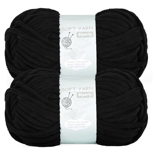 2 Packungen grobes Chenille-Garn zum Häkeln und Stricken – (140 Meter insgesamt), flauschiges Samtgarn zum Häkeln, weiches Babydeckengarn zum Häkeln, flauschiges Amigurumi-Bastelgarn (2, schwarz) von Blperly