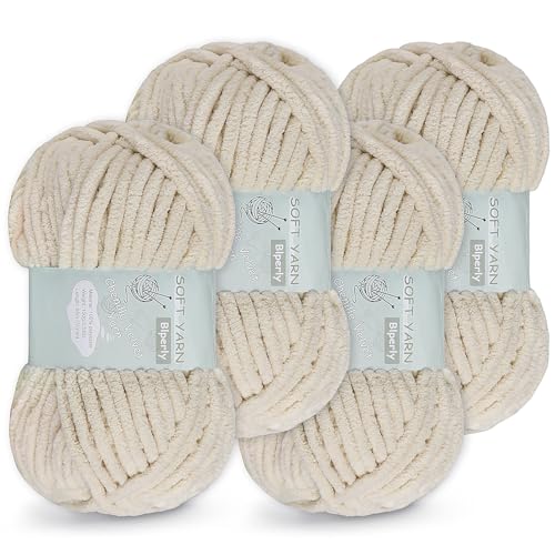 4 Packungen grobes Chenille-Garn zum Häkeln und Stricken – (insgesamt 280 Yard), flauschiges Samtgarn zum Häkeln, weiches Babydeckengarn zum Häkeln, flauschiges Amigurumi-Bastelgarn (4, Beige) von Blperly