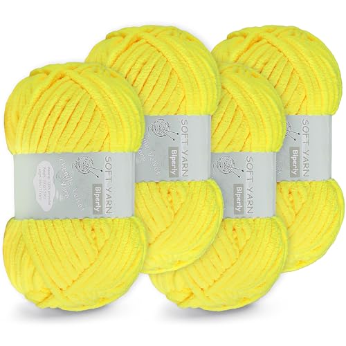 4 Packungen grobes Chenille-Garn zum Häkeln und Stricken – (insgesamt 280 Yard), flauschiges Samtgarn zum Häkeln, weiches Babydeckengarn zum Häkeln, flauschiges Amigurumi-Bastelgarn (4, Buttergelb) von Blperly