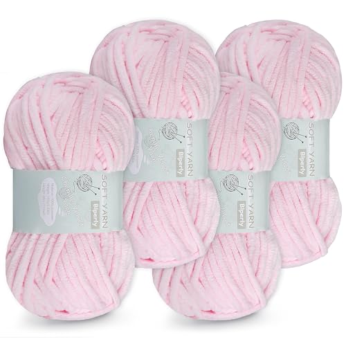 4 Packungen grobes Chenille-Garn zum Häkeln und Stricken – (insgesamt 280 Yard), flauschiges Samtgarn zum Häkeln, weiches Babydeckengarn zum Häkeln, flauschiges Amigurumi-Bastelgarn (4, Hellrosa) von Blperly
