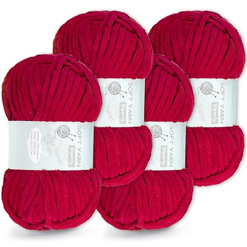 4 Packungen grobes Chenille-Garn zum Häkeln und Stricken – (insgesamt 280 Yard), flauschiges Samtgarn zum Häkeln, weiches Babydeckengarn zum Häkeln, flauschiges Amigurumi-Bastelgarn (4, Jujube-Rot) von Blperly