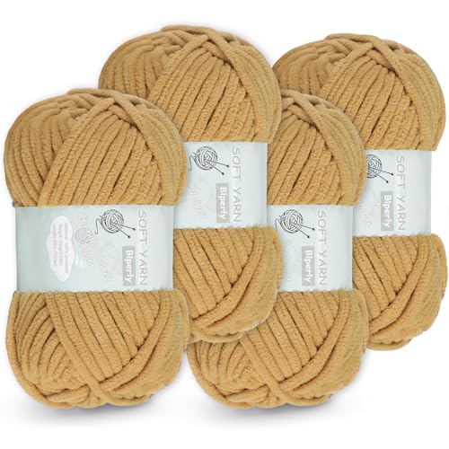 4 Packungen grobes Chenille-Garn zum Häkeln und Stricken – (insgesamt 280 Yard), flauschiges Samtgarn zum Häkeln, weiches Babydeckengarn zum Häkeln, flauschiges Amigurumi-Bastelgarn (4, Khaki) von Blperly