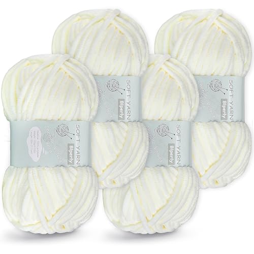 4 Packungen grobes Chenille-Garn zum Häkeln und Stricken – (insgesamt 280 Yard), flauschiges Samtgarn zum Häkeln, weiches Babydeckengarn zum Häkeln, flauschiges Amigurumi-Bastelgarn (4, Milchweiß) von Blperly