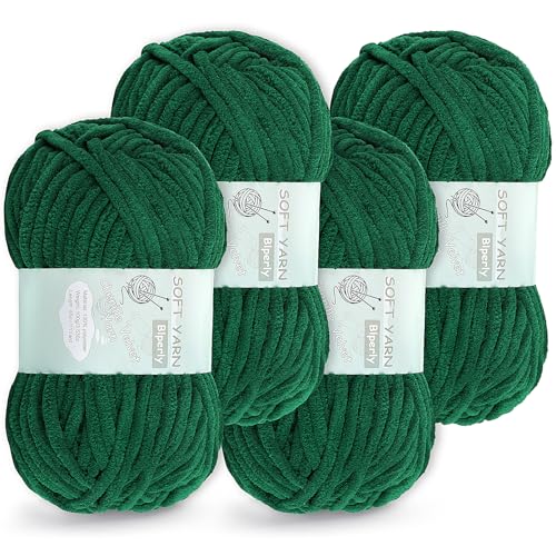 4 Packungen grobes Chenille-Garn zum Häkeln und Stricken – (insgesamt 280 Yard), flauschiges Samtgarn zum Häkeln, weiches Babydeckengarn zum Häkeln, flauschiges Amigurumi-Bastelgarn (4, dunkelgrün) von Blperly