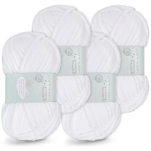 4 Packungen grobes Chenille-Garn zum Häkeln und Stricken – (insgesamt 280 Yard), flauschiges Samtgarn zum Häkeln, weiches Babydeckengarn zum Häkeln, flauschiges Amigurumi-Bastelgarn (4, reinweiß) von Blperly