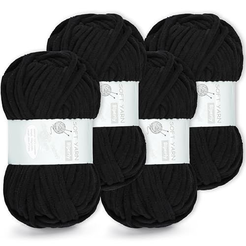 4 Packungen grobes Chenille-Garn zum Häkeln und Stricken – (insgesamt 280 Yard), flauschiges Samtgarn zum Häkeln, weiches Babydeckengarn zum Häkeln, flauschiges Amigurumi-Bastelgarn (4, schwarz) von Blperly